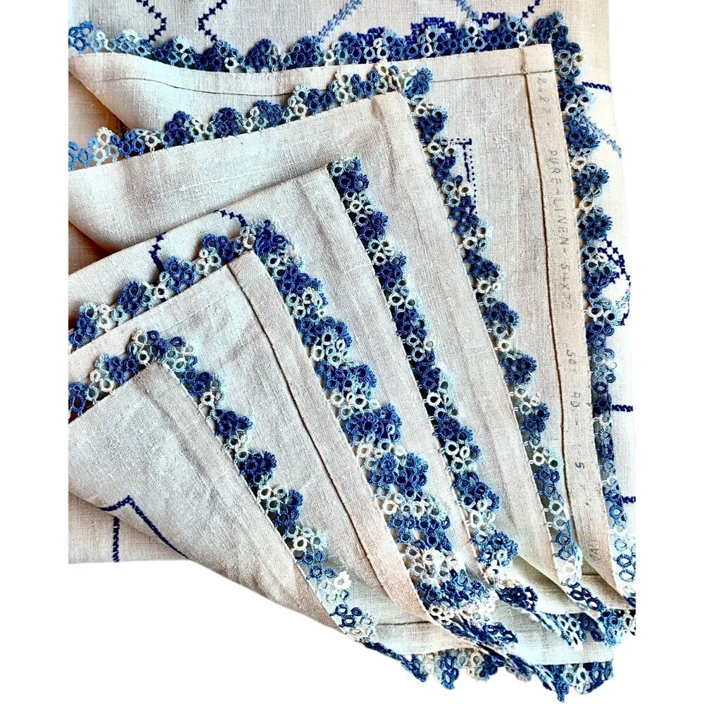 Vintage Hand-Embroidered Tablecloth With Blue Floral Design & Crocheted tatting - Picture 5 of 6